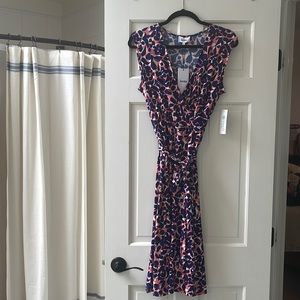 Finnley Faux Wrap Knit Dress in Coral and Navy